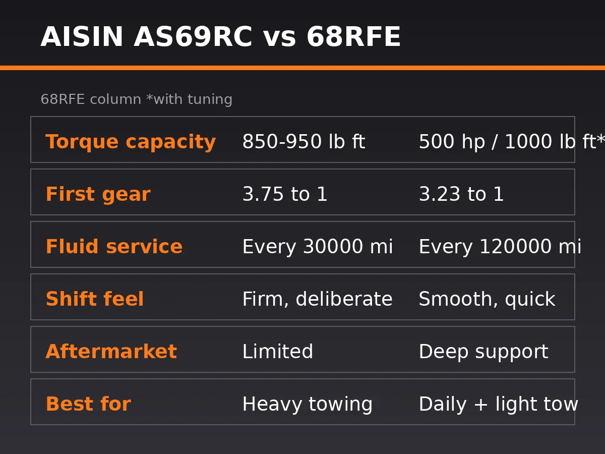 Aisin AS69RC vs 68RFE spec comparison