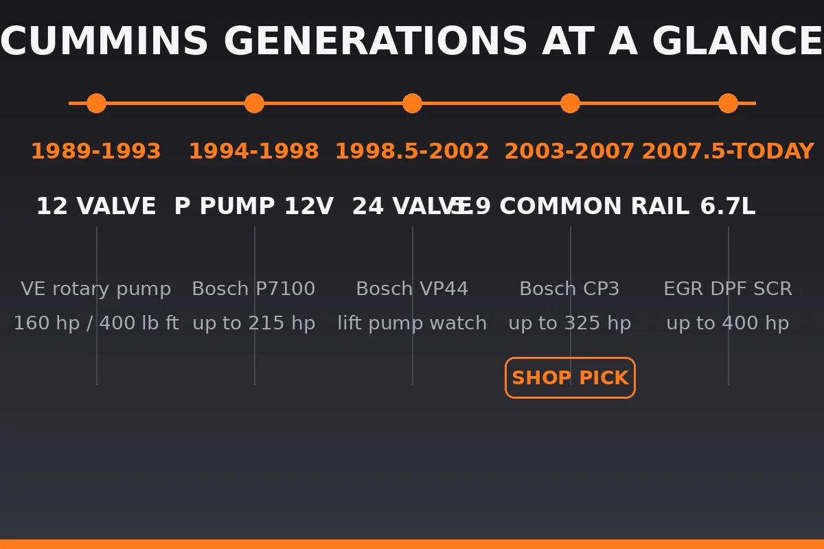 Timeline of Cummins generations from the 1989 12 valve to the modern 6.7L
