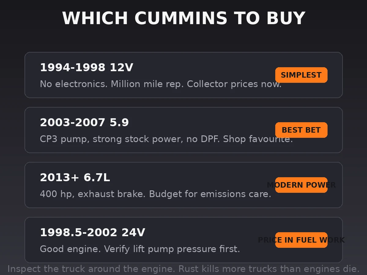 Buyer cheat sheet comparing Cummins generations by price, simplicity, and watch items
