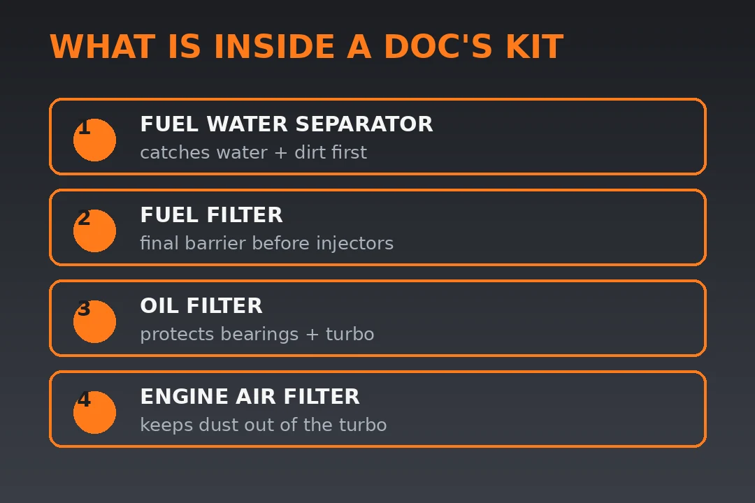 Everything inside a Doc's Diesel maintenance kit
