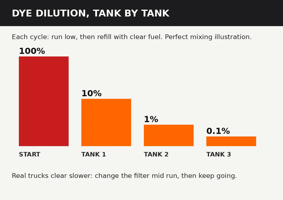 Dilution of red diesel dye across successive tanks of clear fuel, starting from a full dyed tank and dropping by a factor of ten each cycle